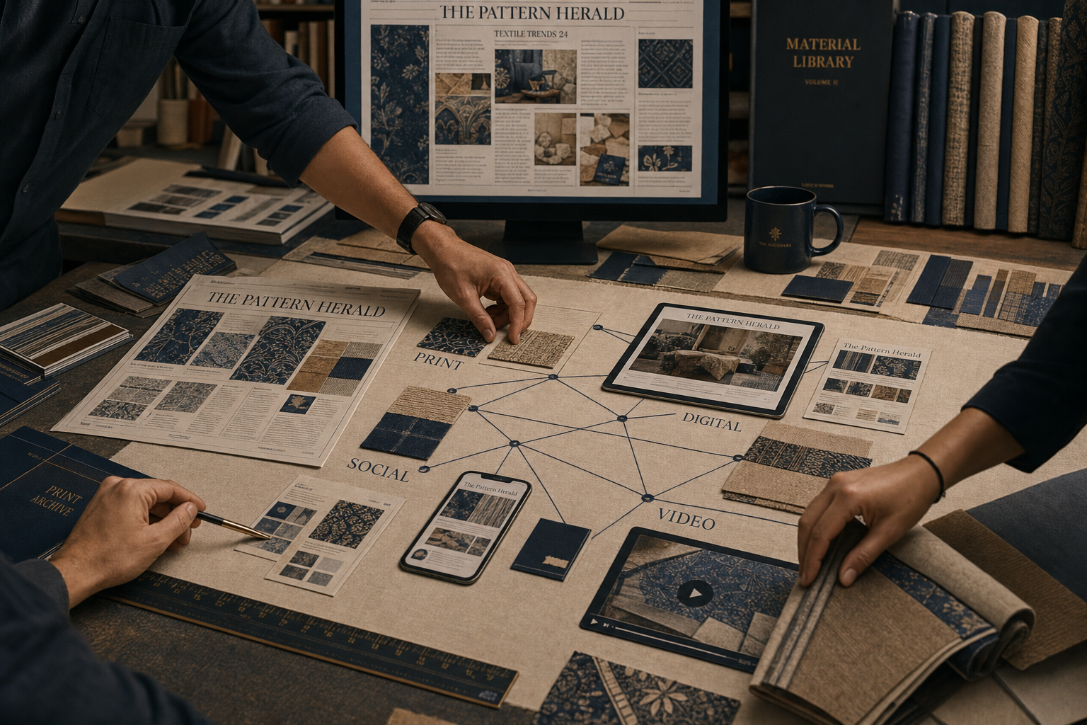 GRIDANTA publishing studio with material boards and content planning surfaces