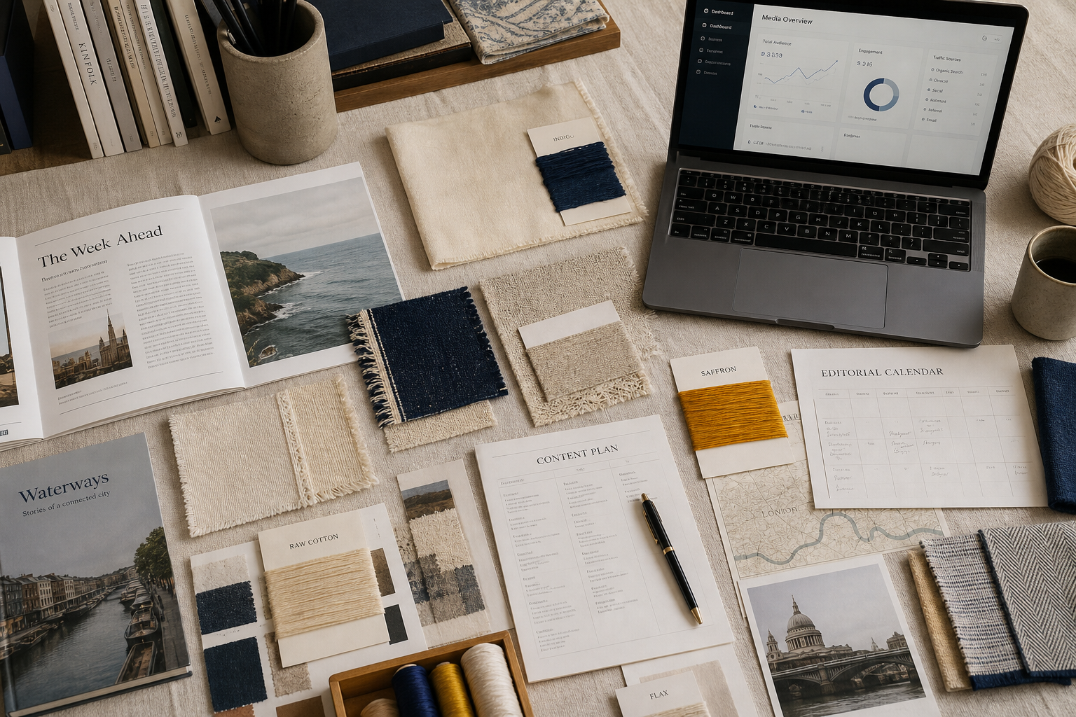 Publishing material board with media swatches and content planning surfaces at GRIDANTA studio