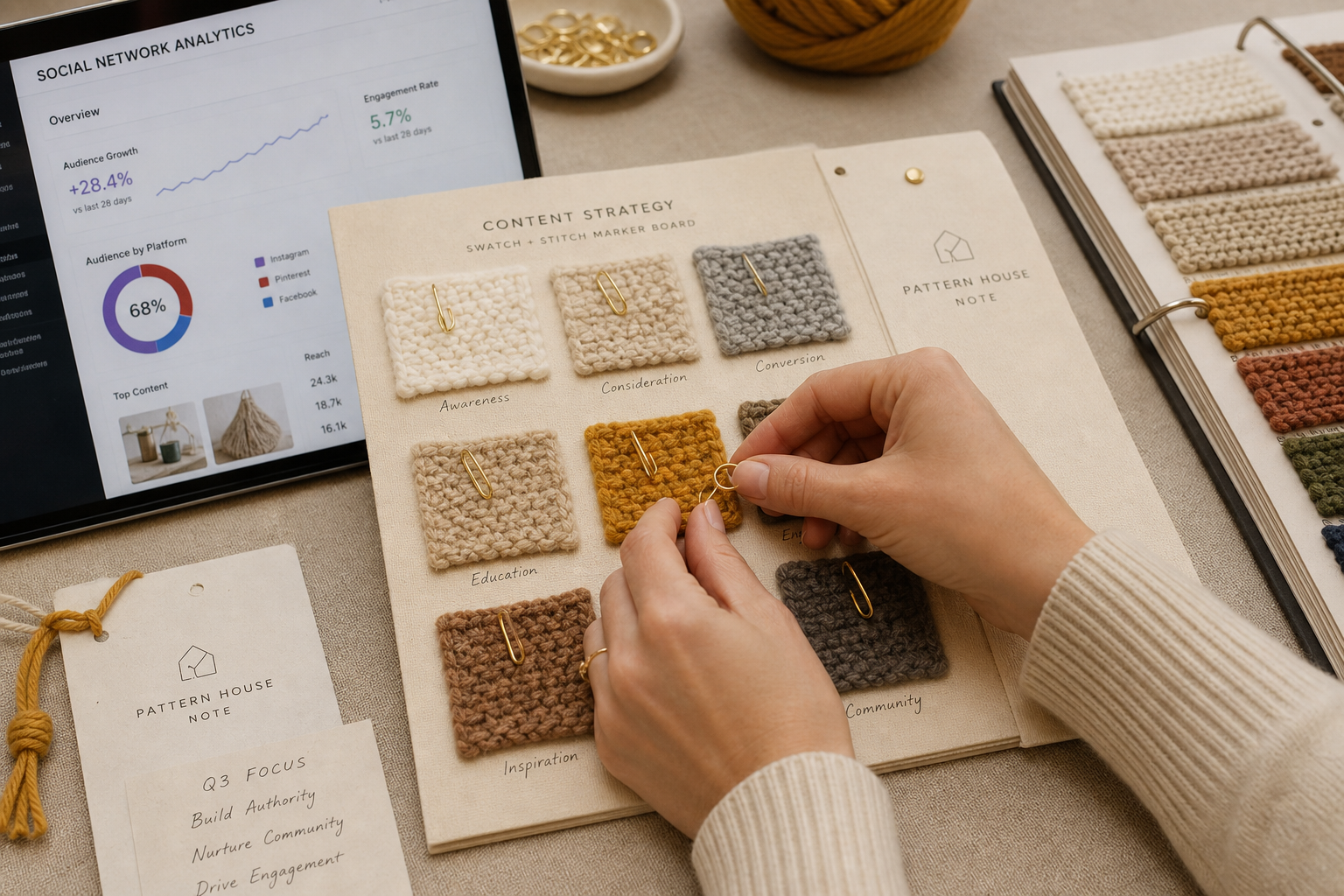 Content strategy swatch board with stitch markers and analytics screen